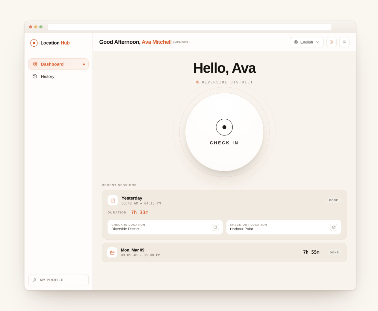 Location Hub Check-in View