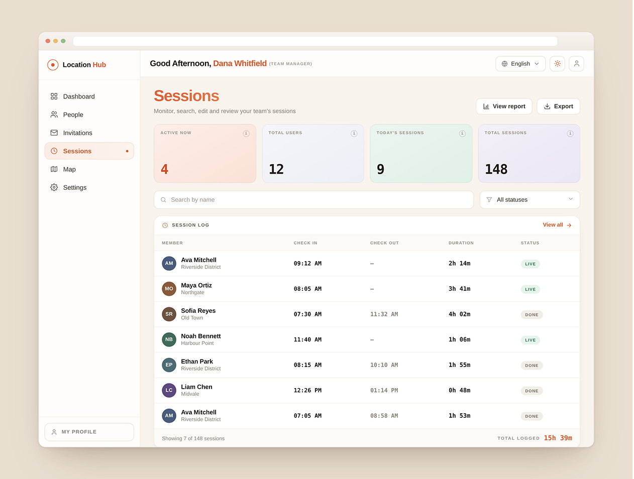 Location Hub Admin Sessions View